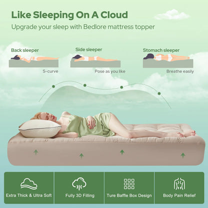 【Bedlore】Thick Fitted Sheet Mattress Pad, Fluffy Pillow Top Comfort Layer, Cooling & Soft Mattress Cover with Deep Pockets (Fits 6–18 Inch Mattresses), Ideal for Bedroom & Home Use Homeessentials