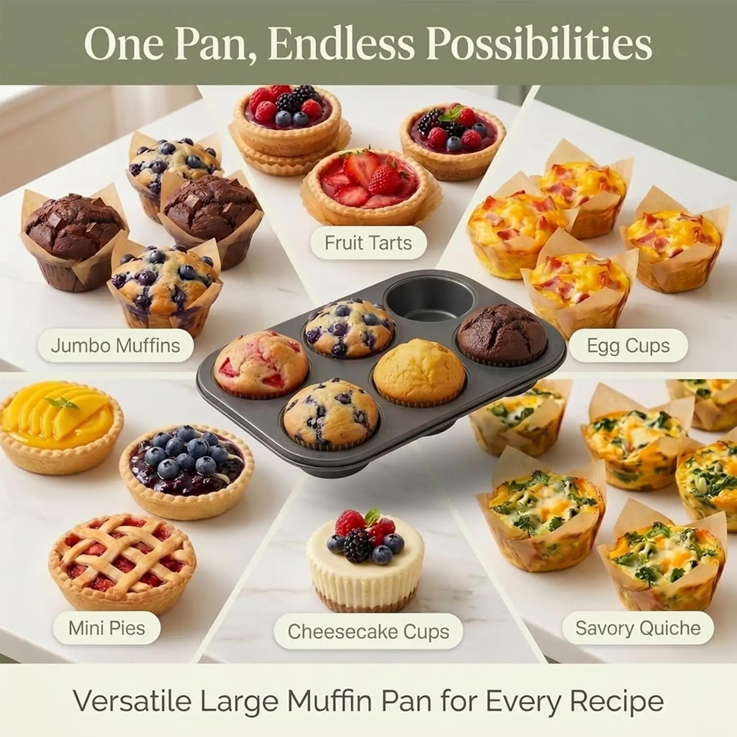 Heavy Duty Nonstick Carbon Steel Muffin Pan Set (2-Pack) – 6-Cup Extra Large Baking Pans with 100 Jumbo Cupcake Liners for Kitchen Desserts, Breakfast Parties