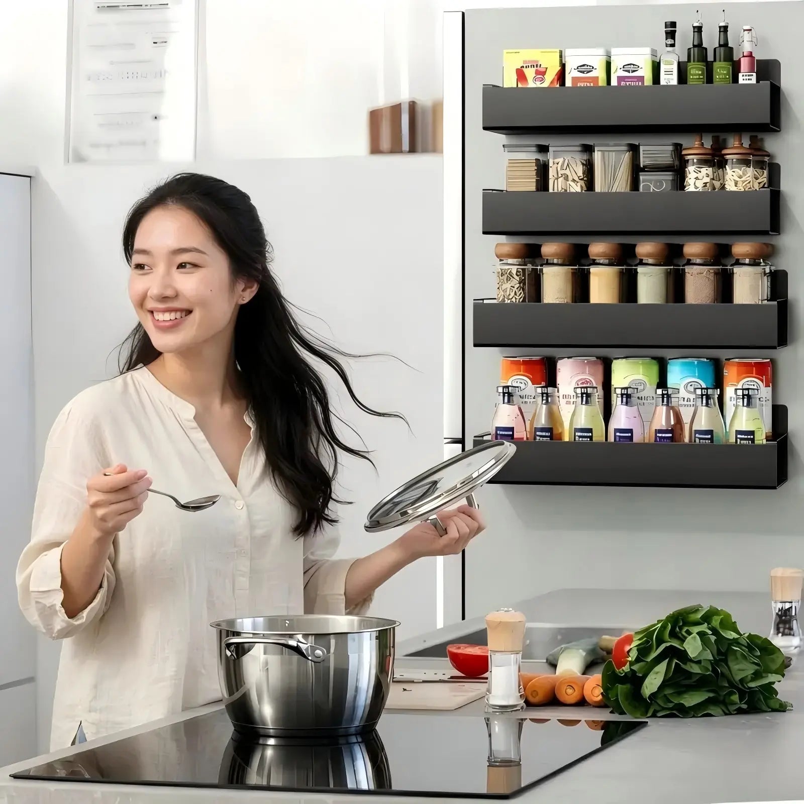 Heavy Duty Magnetic Kitchen Spice Storage Rack Organizer - Movable Shelf, Strong Magnet, Metal Wall-Mounted Holder for Refrigerator, Oven