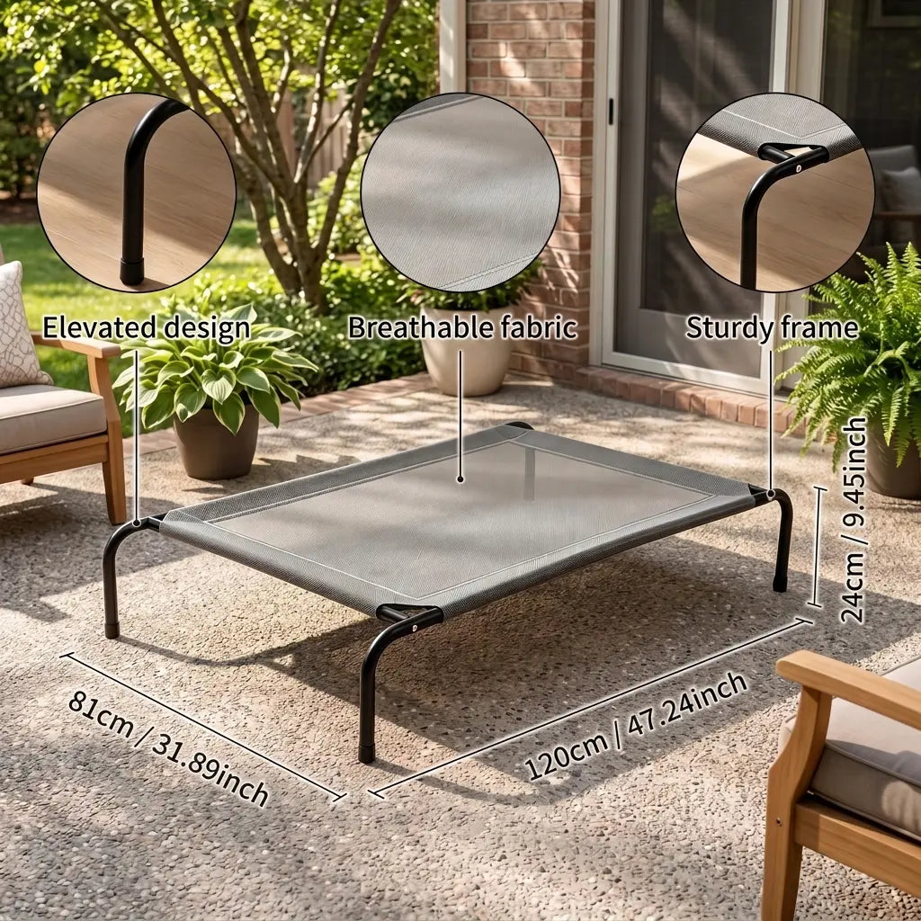 Petitrinu Classic Elevated Dog Bed with Metal Frame - Textilene Stretch Mesh Fabric, Cooling, Breathable, Joint Relief for Medium/Large Dogs, 2 Sizes (47.24In×31.89In×9.45In/35.43In×25.59In×8.27In) Pet Cot