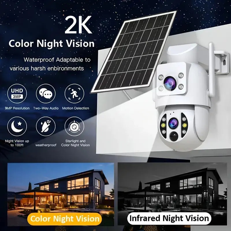 【2026 Exclusive Deal】Jooan 2K+2K HD Solar 360° Dual Lens Wireless Outdoor Security Camera, 2.4G Wifi, 360° PTZ Dual Screen(No Dead Ends), Spotlight, IP66 Waterproof, Color Night Vision, PIR Human Detection, Two-Way Talk, Auto Tracking, Siren Alarm, Alexa