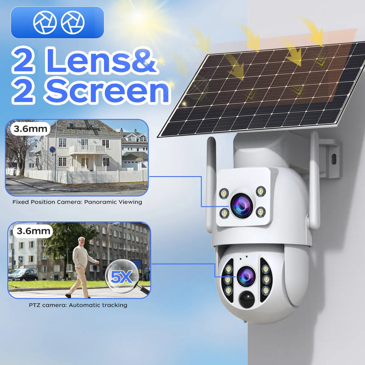 【2026 Exclusive Deal】Jooan 2K+2K HD Solar 360° Dual Lens Wireless Outdoor Security Camera, 2.4G Wifi, 360° PTZ Dual Screen(No Dead Ends), Spotlight, IP66 Waterproof, Color Night Vision, PIR Human Detection, Two-Way Talk, Auto Tracking, Siren Alarm, Alexa