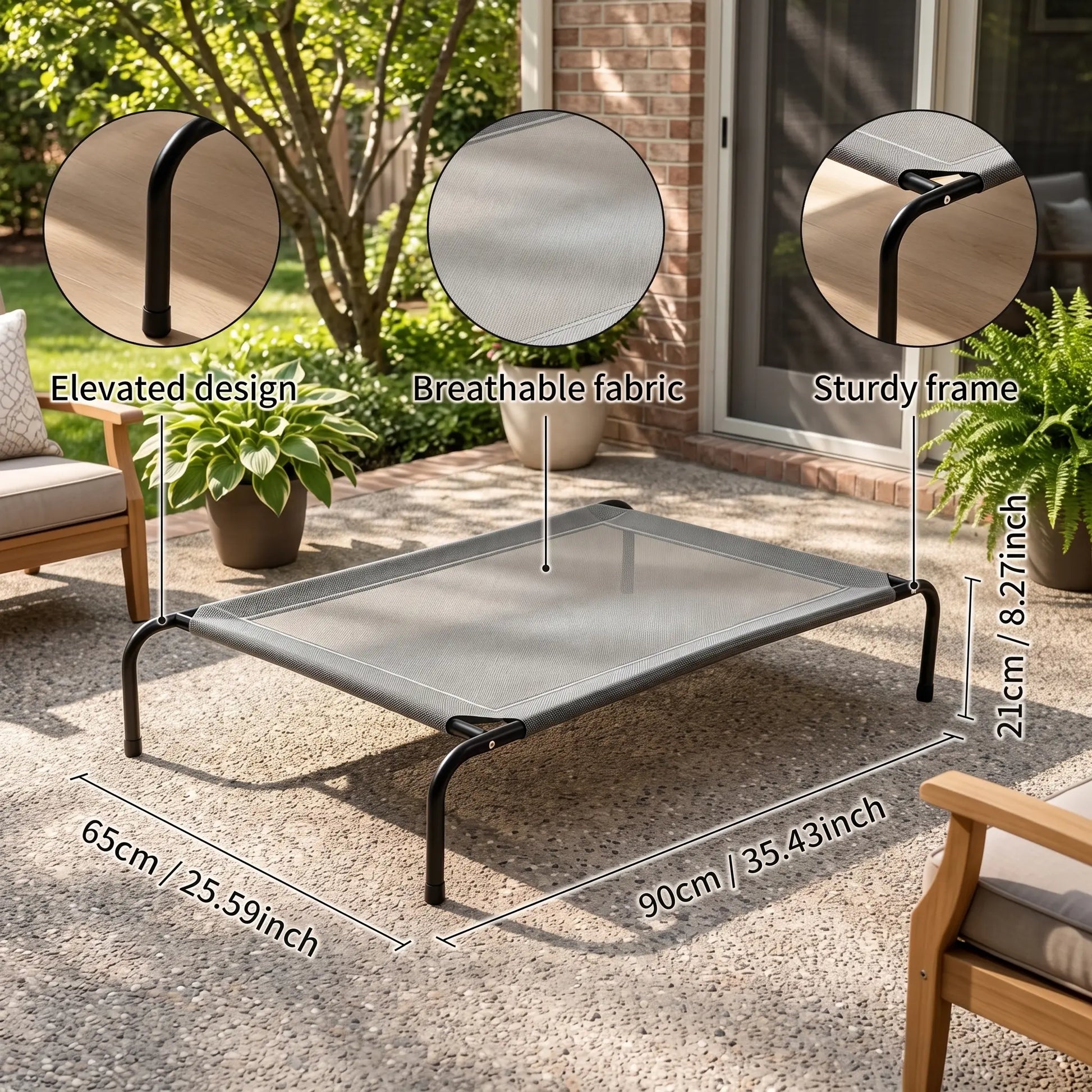 Petitrinu Classic Elevated Dog Bed with Metal Frame - Textilene Stretch Mesh Fabric, Cooling, Breathable, Joint Relief for Medium/Large Dogs, 2 Sizes (47.24In×31.89In×9.45In/35.43In×25.59In×8.27In) Pet Cot
