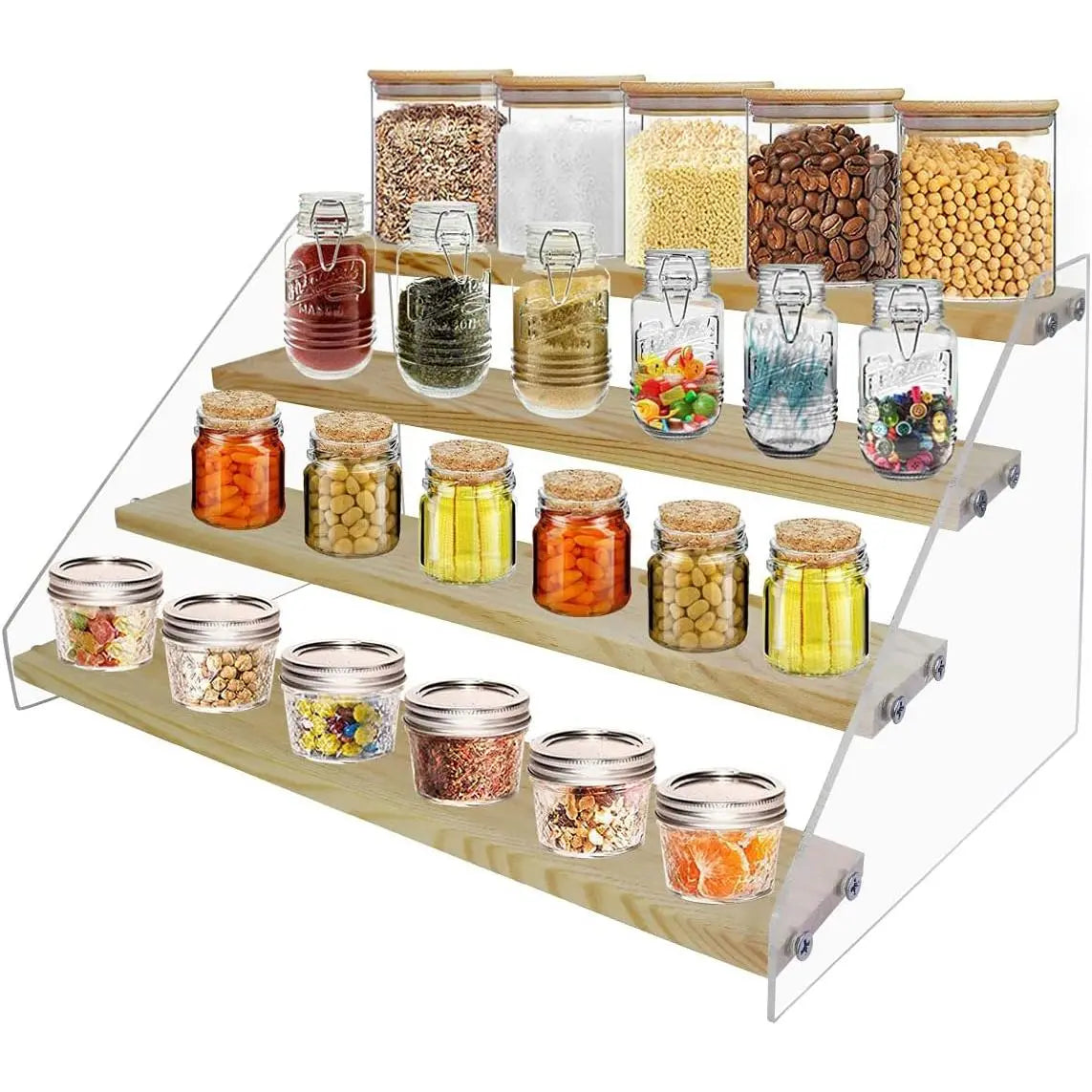 HUFEE 5-Tier Wooden Multifunctional Farmhouse Spice Rack Organizer - Home Supplies for Spice Storage, Bathroom Countertop Shelf, Kitchen Cabinet Vinyl/Perfume Display & Storage Unit