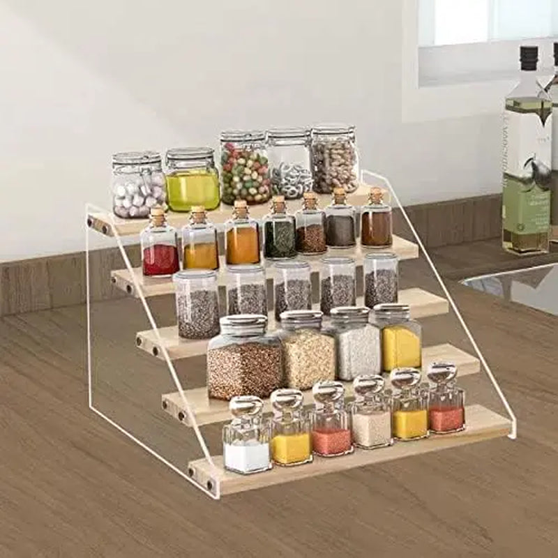 HUFEE 5-Tier Wooden Multifunctional Farmhouse Spice Rack Organizer - Home Supplies for Spice Storage, Bathroom Countertop Shelf, Kitchen Cabinet Vinyl/Perfume Display & Storage Unit