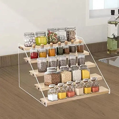 HUFEE 5-Tier Wooden Multifunctional Farmhouse Spice Rack Organizer - Home Supplies for Spice Storage, Bathroom Countertop Shelf, Kitchen Cabinet Vinyl/Perfume Display & Storage Unit
