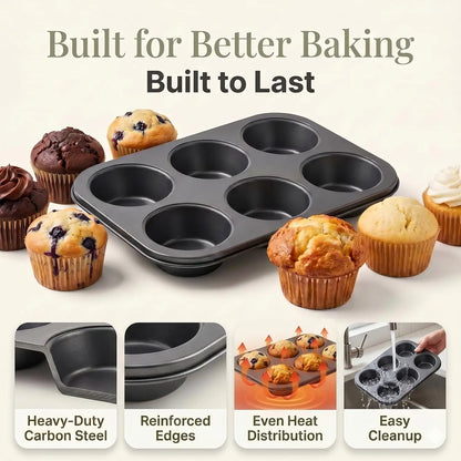 Heavy Duty Nonstick Carbon Steel Muffin Pan Set (2-Pack) – 6-Cup Extra Large Baking Pans with 100 Jumbo Cupcake Liners for Kitchen Desserts, Breakfast Parties