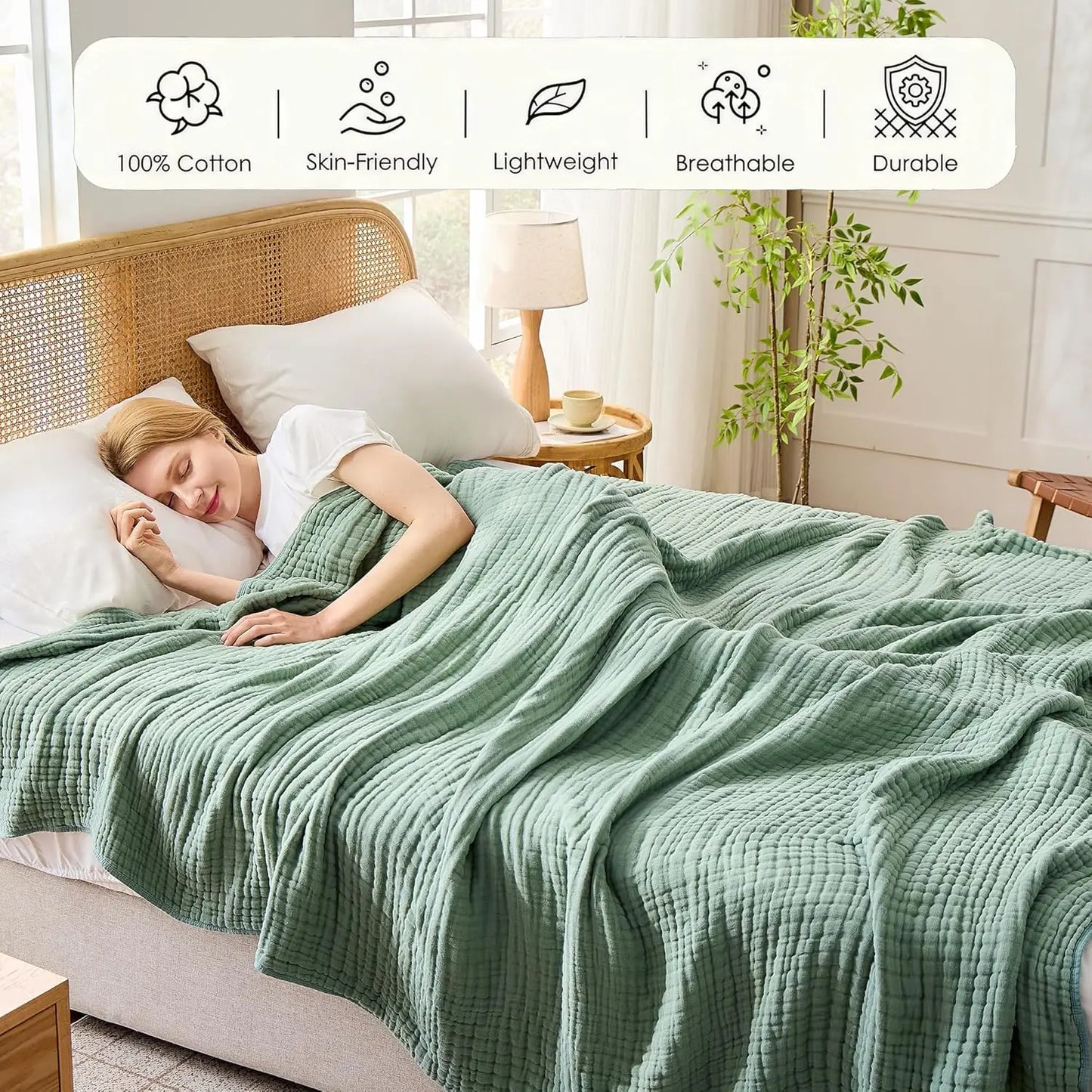 100% Cotton Muslin Blanket,6-Layer Soft Throw for Bed Couch,Breathable Lightweight Blankets for Adults Hot Sleepers,Room Decor