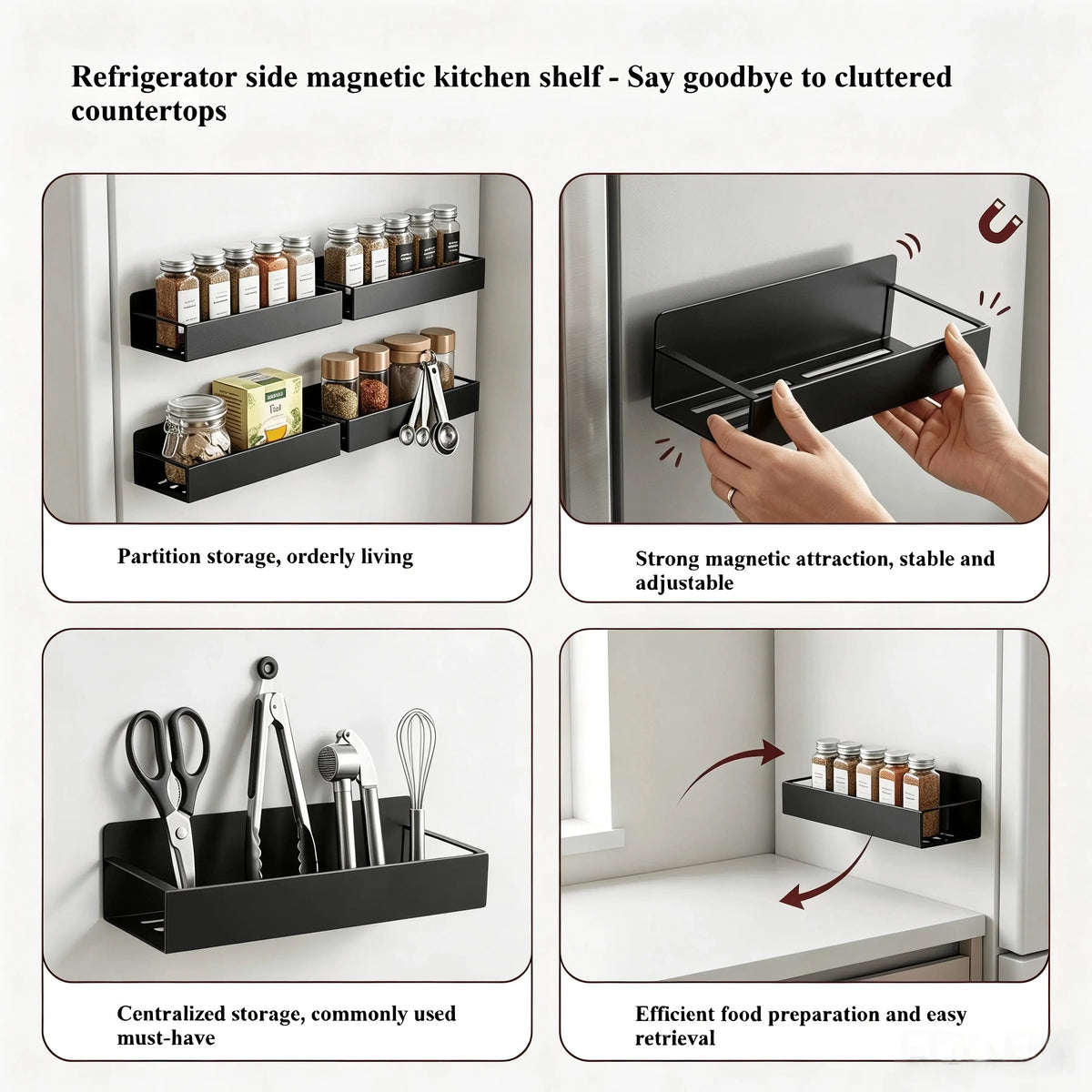 Heavy Duty Magnetic Kitchen Spice Storage Rack Organizer - Movable Shelf, Strong Magnet, Metal Wall-Mounted Holder for Refrigerator, Oven