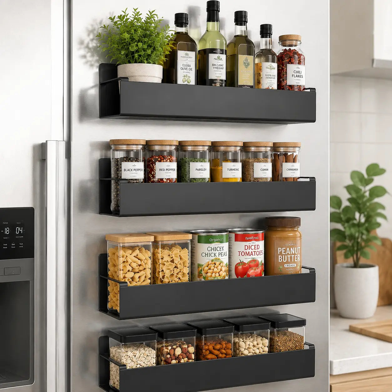 Heavy Duty Magnetic Kitchen Spice Storage Rack Organizer - Movable Shelf, Strong Magnet, Metal Wall-Mounted Holder for Refrigerator, Oven