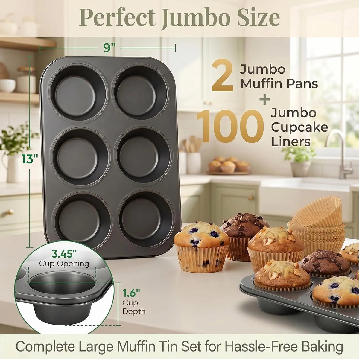 Heavy Duty Nonstick Carbon Steel Muffin Pan Set (2-Pack) – 6-Cup Extra Large Baking Pans with 100 Jumbo Cupcake Liners for Kitchen Desserts, Breakfast Parties