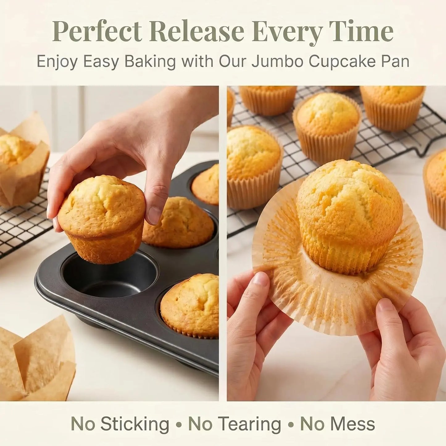 Heavy Duty Nonstick Carbon Steel Muffin Pan Set (2-Pack) – 6-Cup Extra Large Baking Pans with 100 Jumbo Cupcake Liners for Kitchen Desserts, Breakfast Parties