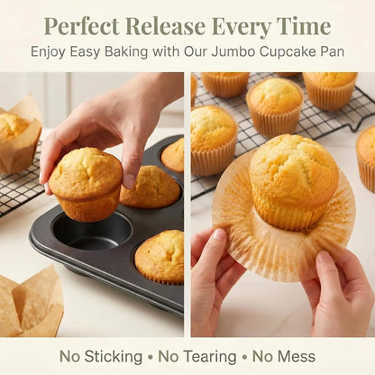 Heavy Duty Nonstick Carbon Steel Muffin Pan Set (2-Pack) – 6-Cup Extra Large Baking Pans with 100 Jumbo Cupcake Liners for Kitchen Desserts, Breakfast Parties