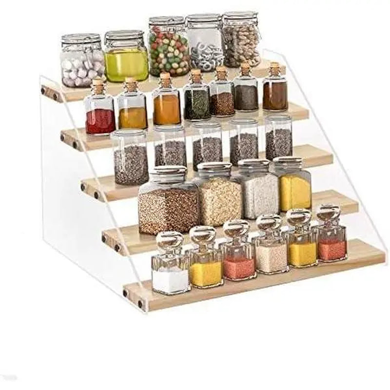 HUFEE 5-Tier Wooden Multifunctional Farmhouse Spice Rack Organizer - Home Supplies for Spice Storage, Bathroom Countertop Shelf, Kitchen Cabinet Vinyl/Perfume Display & Storage Unit