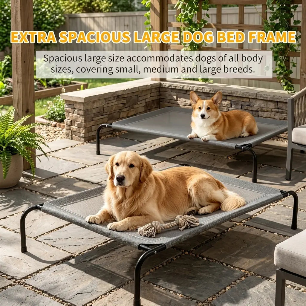 Petitrinu Classic Elevated Dog Bed with Metal Frame - Textilene Stretch Mesh Fabric, Cooling, Breathable, Joint Relief for Medium/Large Dogs, 2 Sizes (47.24In×31.89In×9.45In/35.43In×25.59In×8.27In) Pet Cot