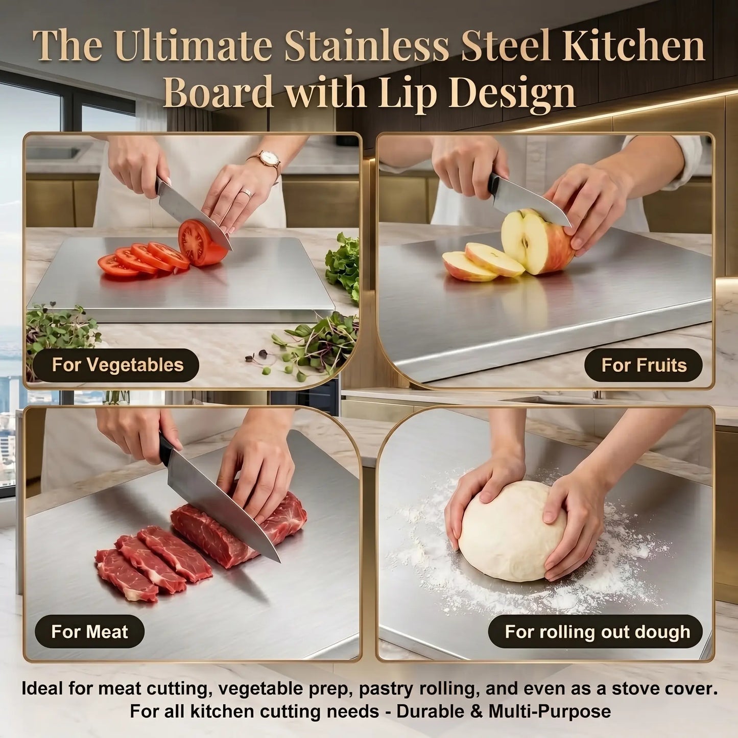 Stainless Steel Cutting Board - Non-Slip Grip, Mold-Resistant, Durable Daily Use, Modern Design, Household Kitchen Accessory Gadget