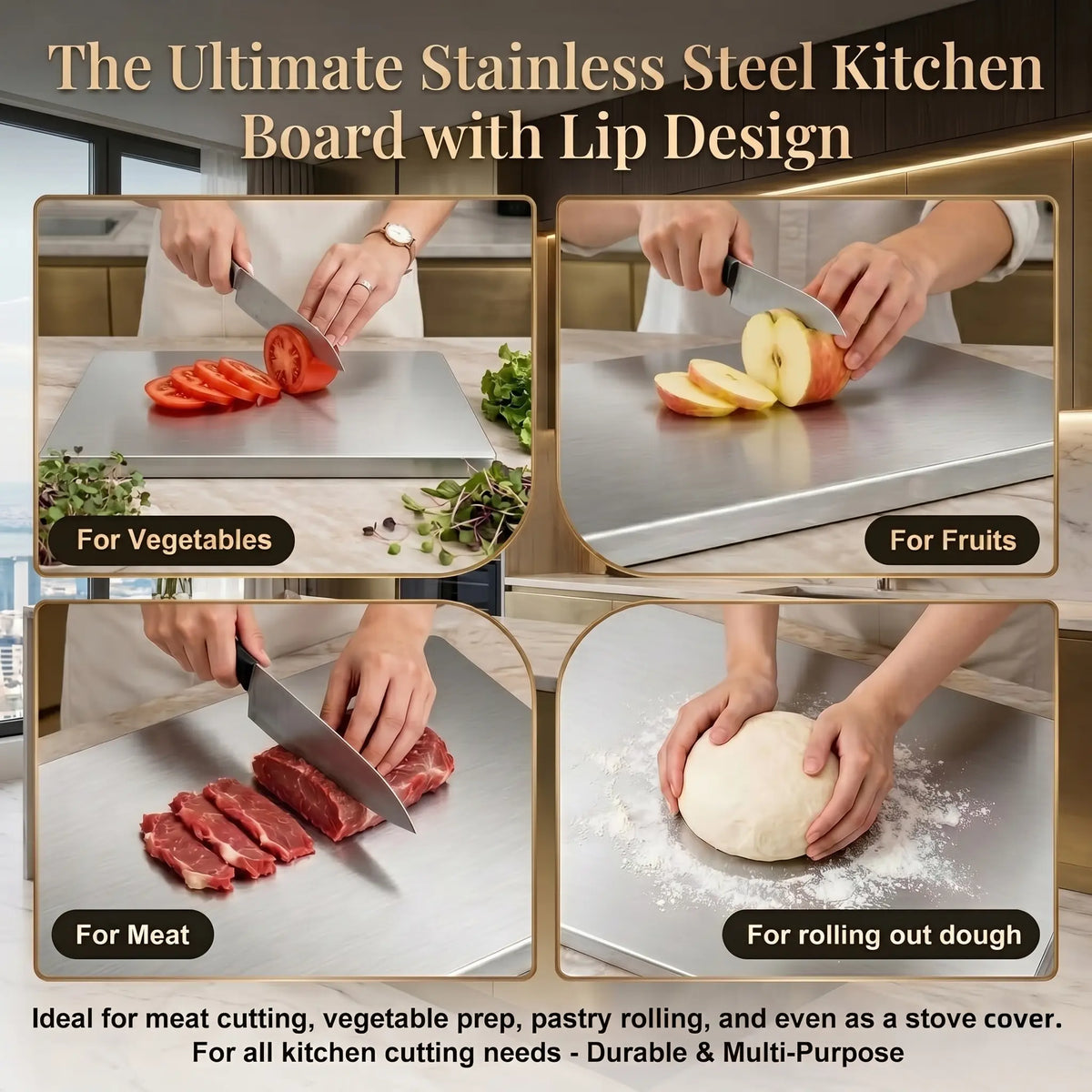 Stainless Steel Cutting Board - Non-Slip Grip, Mold-Resistant, Durable Daily Use, Modern Design, Household Kitchen Accessory Gadget