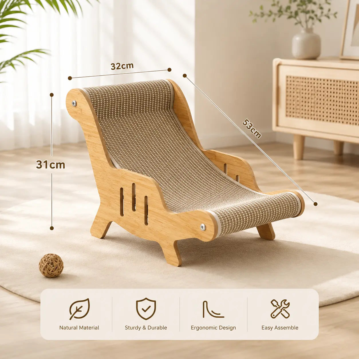 2-In-1 Sisal Fiber Cat Scratcher with Hammock & Lounge Chair, No Shedding, Breathable, Durable All-Season Use Cat Bed for Claw Sharpening & Rest