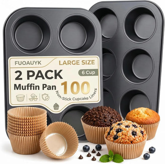 Heavy Duty Nonstick Carbon Steel Muffin Pan Set (2-Pack) – 6-Cup Extra Large Baking Pans with 100 Jumbo Cupcake Liners for Kitchen Desserts, Breakfast Parties