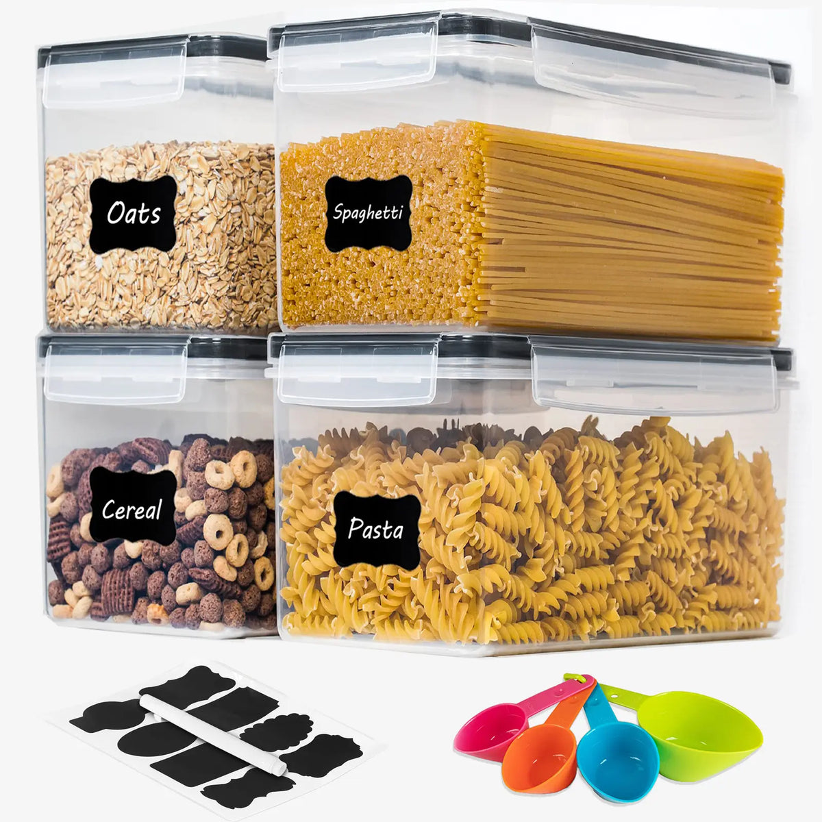 Airtight Food Storage Containers Set - 4-Piece 3.2L Plastic Kitchen Containers with Airtight Seal, Leak-Proof Lids, Reusable Organizer for Spaghetti Pasta, Storage Organization to Organize Kitchen Pantry, Prevent Contamination,Sohochic